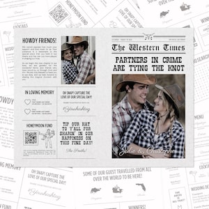 以下が含まれることがあります： The Western Timesというタイトルの結婚式新聞テンプレート。Partners in Crime Are Tying the Knotという見出し、カウボーイハットを被ったカップルの写真2枚、ハネムーン資金用のQRコード、結婚式の詳細を記載するセクションが含まれています。