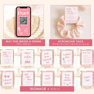 May include: A collection of pink and gold bachelorette party decorations. Includes a phone screen with a QR code, scrunchie tags, and various signs with phrases like "Girls Gone Mild" and "Cocktail Bar".