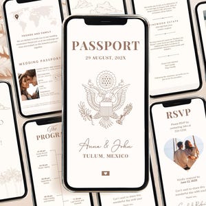 May include: A digital wedding invitation suite displayed on multiple smartphone screens. The central screen features the text PASSPORT, 29 AUGUST, 202X, Anna & John, and TULUM, MEXICO, with a line-art eagle emblem and a small heart icon.