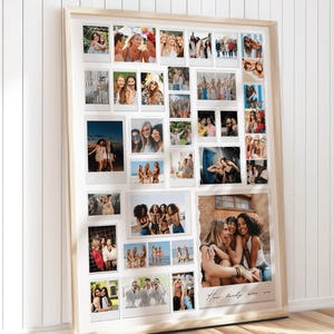 Pode incluir: Uma colagem de fotos em uma moldura branca com borda de madeira. As fotos são de um grupo de amigos, principalmente mulheres, e todas estão sorrindo e rindo. As fotos estão dispostas em uma grade e há uma legenda na parte inferior que diz "How lucky we are".