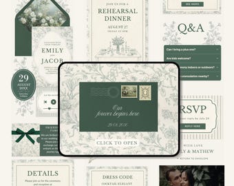 Site de casamento com listras verdes, convite de casamento listrado verde com confirmação de presença, conjunto de modelos de convite para casamento com tema de festa no jardim, convite digital verde sálvia para casamento na primavera.