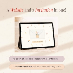 K&ouml;nnte beinhalten: Ein digitaler Tablet-PC zeigt ein Hochzeitskarten-Design mit floralen Akzenten und dem Text "CLICK TO OPEN". Die &Uuml;berschrift lautet "Eine Website und eine Einladung in einem!" und der Text "As seen on Tik Tok, Instagram & Pinterest!" ist ebenfalls sichtbar.