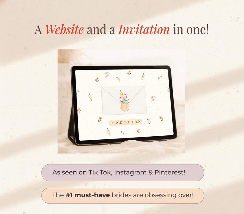 K&ouml;nnte beinhalten: Ein digitaler Tablet-PC zeigt ein Hochzeitskarten-Design mit floralen Akzenten und dem Text "CLICK TO OPEN". Die &Uuml;berschrift lautet "Eine Website und eine Einladung in einem!" und der Text "As seen on Tik Tok, Instagram & Pinterest!" ist ebenfalls sichtbar.
