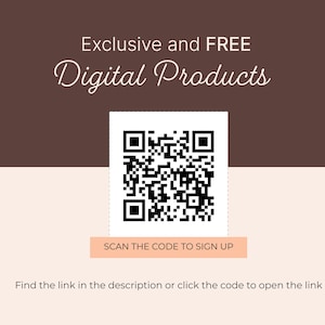 K&ouml;nnte beinhalten: Werbegrafik mit dem Text "Exklusive und KOSTENLOSE digitale Produkte". Ein QR-Code ist auf einem wei&szlig;en Quadrat zentriert, darunter die Aufforderung "SCAN THE CODE TO SIGN UP". Der Hintergrund ist ein Farbverlauf aus Braun und Beige.