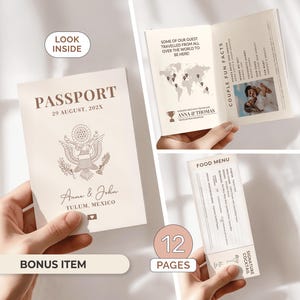 May include: A wedding stationery set designed as a passport booklet with a cream cover featuring the text Passport, 29 August, 202X, Anna & John, and Tulum, Mexico. The interior pages display a world map, couple fun facts, and a food menu.