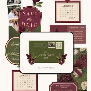 Op de afbeelding: Bruiloftspapierwaren in bordeauxrood en olijfgroen. Bevat een "Save the Date"-kaart, kalender, uitnodiging en een envelop met de tekst "Our forever begins here".
