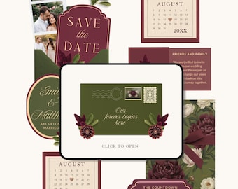 Modelo de convite "Reserve a Data" em tons de Borgonha e Verde, Site de Casamento Merlot e Musgo, Anúncio de Casamento Mulberry Wedding Grove, Canva Web em Verde Oliva