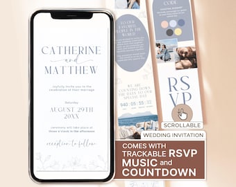 May include: A digital wedding invitation displayed on a smartphone screen featuring the names Catherine and Matthew, the date August 29th 20XX, and a countdown timer. The design includes floral line art and a scrollable RSVP section.