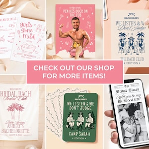 May include: A collection of bachelorette party supplies, including invitations, games, and a banner. The items feature pink and white designs with text like "Girls Gone Mild" and "The Bridal Times." The image also includes a phone displaying a newspaper.