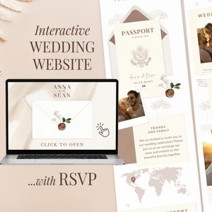 May include: A laptop screen shows a wedding website design with the words "Interactive WEDDING WEBSITE" and "...with RSVP." The design includes a passport, photos, and the names "Anna & Sean."