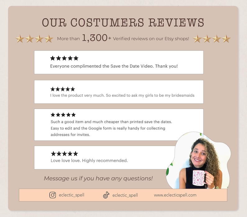 May include: A beige graphic with customer reviews, star ratings, and text. The text includes phrases like "Save the Date Video" and "bridesmaids." The image also displays social media handles and a website address.