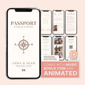 Convite de casamento com passaporte em vídeo, reserve a data, cartão de embarque para casamento no destino, convite de casamento com passaporte digital na Itália
