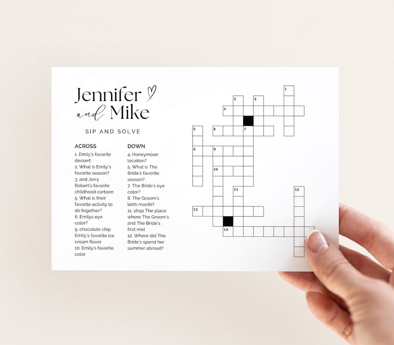 Small Custom Crossword Puzzle Wedding Custom Crossword Template Game Sip And Solve Bridal Shower Crossword Puzzle Game Bridal Shower Game image 1