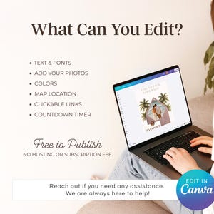 May include: A laptop displaying a travel-themed design with the text "TIME TO PACK YOUR BAGS" and "PASSPORT". The screen shows a couple in front of palm trees. Text on the left lists editing options. The Canva logo is in the bottom right.