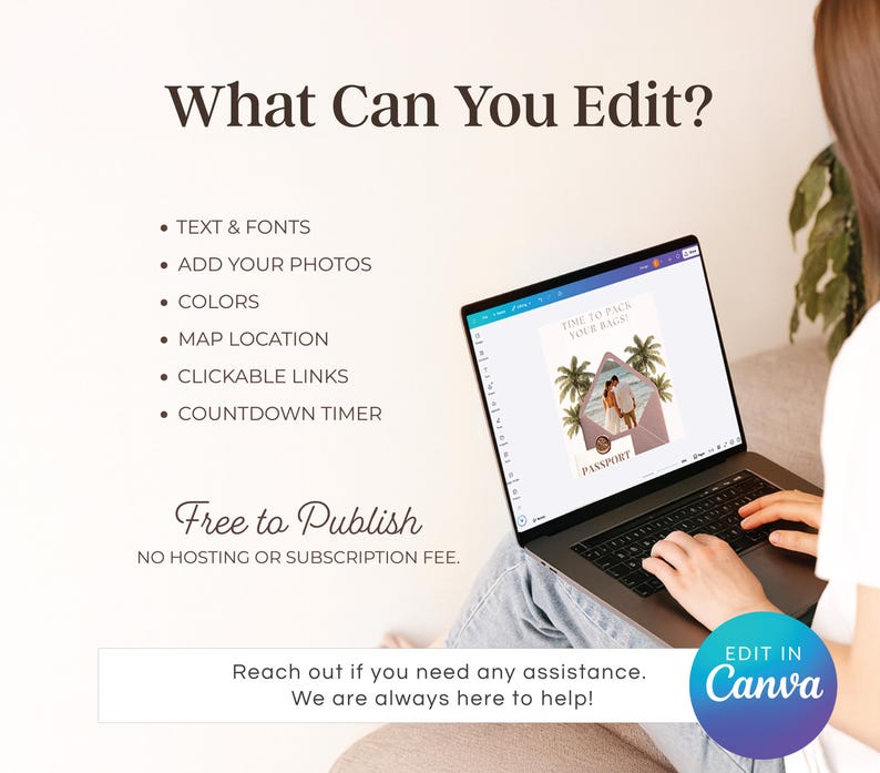 May include: A laptop displaying a travel-themed design with the text "TIME TO PACK YOUR BAGS" and "PASSPORT". The screen shows a couple in front of palm trees. Text on the left lists editing options. The Canva logo is in the bottom right.