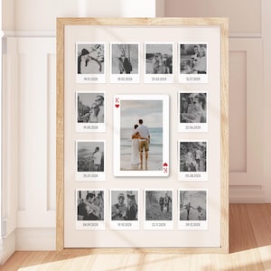 Collage de fotos de pareja imprimible, tarjeta romántica, regalo de rey de corazones, arte mural, regalo de aniversario para él, póster personalizado de línea de tiempo de relación, BF