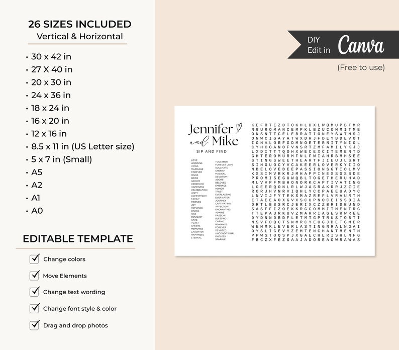 Word Search Puzzle Giant Word Search Template Game Wedding DIY