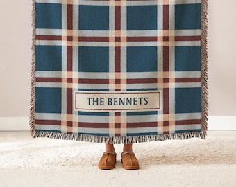 Personalized Blanket Family Name Custom Throw Blanket Plaid Housewarming Gift Wedding Couple Gift Blue Tartan Blanket Cotton Christmas Gift