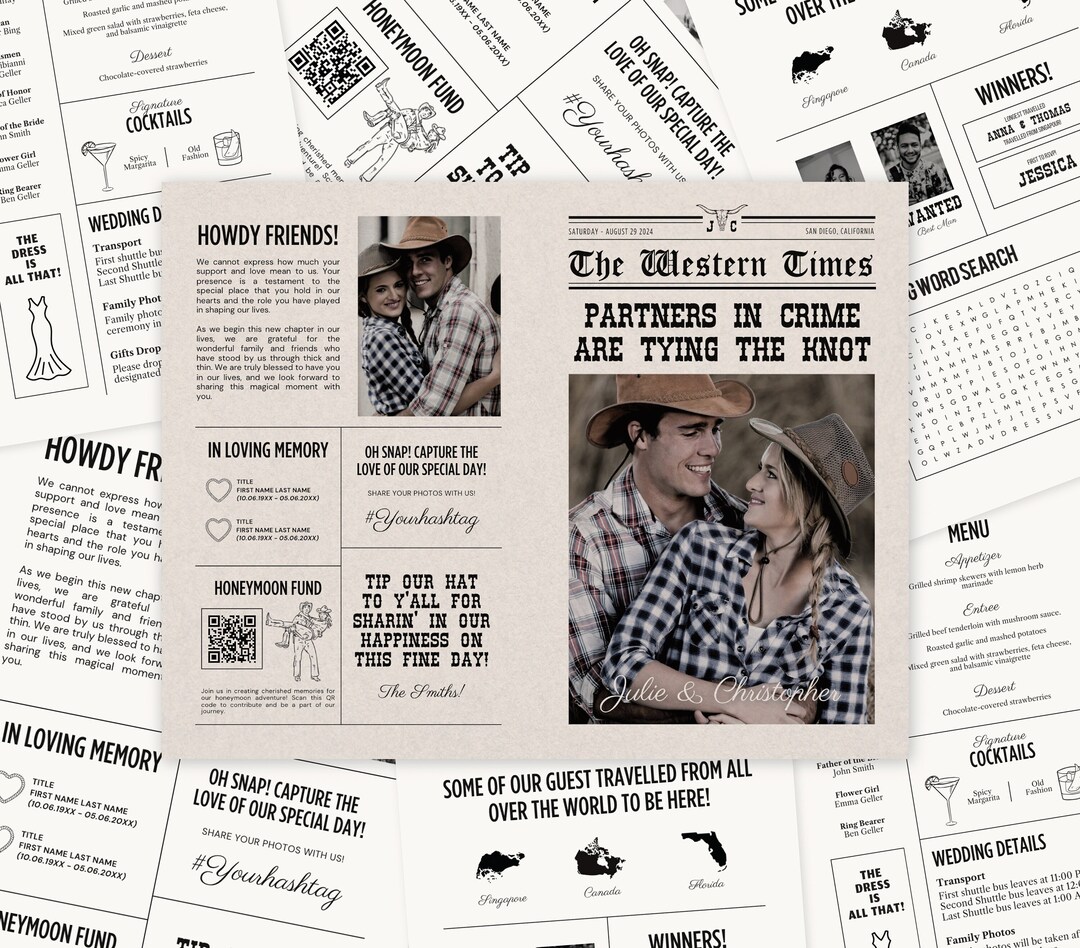 Western Program Applaince Western Wedding Program Printable Wedding Newspaper Print Custom ...