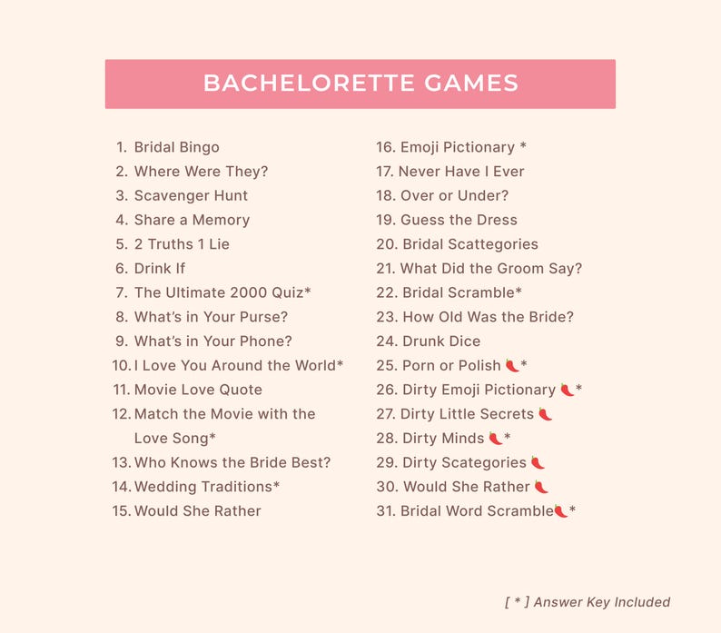 May include: A pink rectangular graphic with the words "BACHELORETTE GAMES" in white text. Below, a list of 31 games, including "Bridal Bingo," "Scavenger Hunt," and "Dirty Emoji Pictionary." An answer key is included.