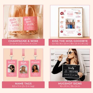 May include: A collection of bachelorette party supplies. Includes champagne bottles with pink labels, a framed photo with lipstick kiss marks, name tags with photos, and a mugshot sign. The theme is a bachelorette party.