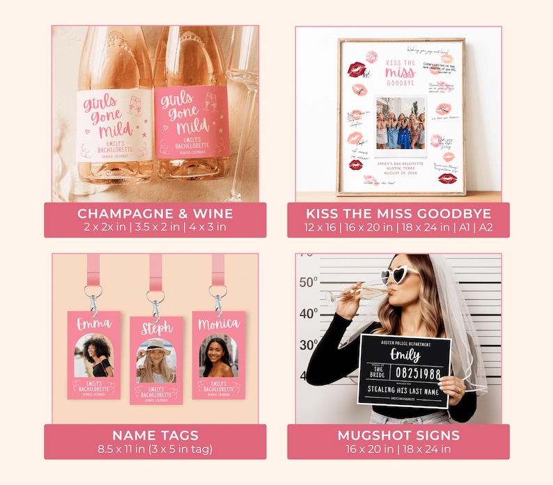 May include: A collection of bachelorette party supplies. Includes champagne bottles with pink labels, a framed photo with lipstick kiss marks, name tags with photos, and a mugshot sign. The theme is a bachelorette party.