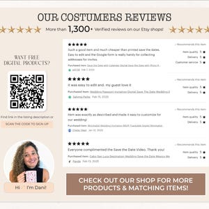 May include: A webpage featuring customer reviews, star ratings, and a QR code for free digital products. The text reads "Our Customers Reviews" and "Check out our shop for more products & matching items!" A woman is pictured holding a mug.
