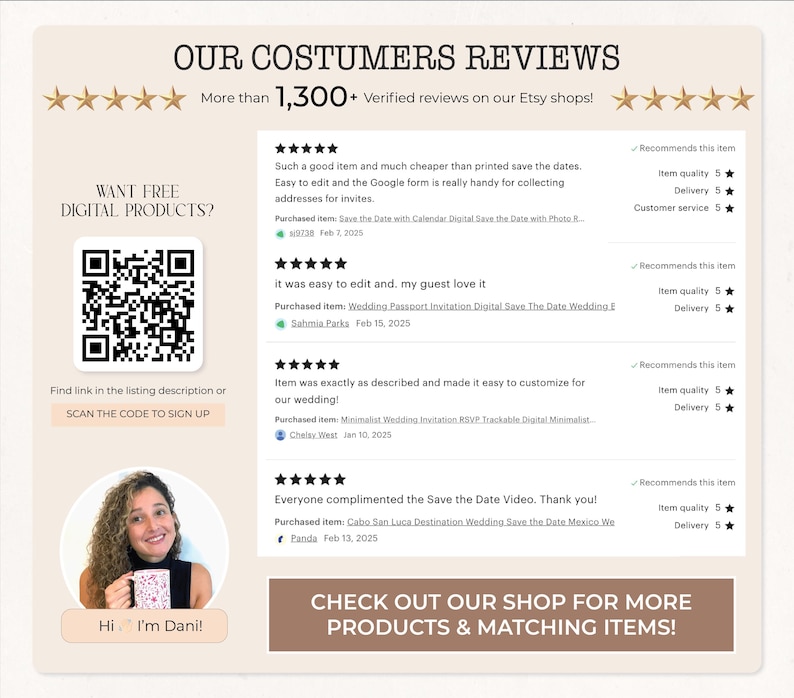 May include: A webpage featuring customer reviews, star ratings, and a QR code for free digital products. The text reads "Our Customers Reviews" and "Check out our shop for more products & matching items!" A woman is pictured holding a mug.