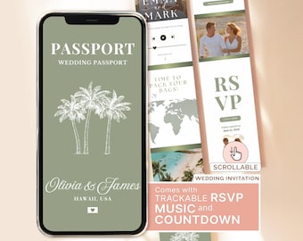 May include: A digital wedding invitation with a green and white passport theme. The invitation features a palm tree design, the text "Passport Wedding Passport", and the names "Olivia & James". The invitation also includes a RSVP section with a map and the text "Time to Pack Your Bags!" and "RSVP". The invitation is scrollable and comes with trackable music and a countdown.