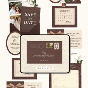 Könnte beinhalten: Eine Sammlung von Hochzeitspapeterie in Braun- und Cremetönen. Enthält eine "Save the Date"-Karte, eine Einladung mit dem Text "Our forever begins here", einen Kalender und eine Karte mit dem Text "Friends and Family".
