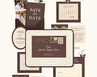 Convite de casamento marrom para site, Save the Date digital marrom, Save the Date minimalista com estampa floral marrom, Save the Date editável para site.
