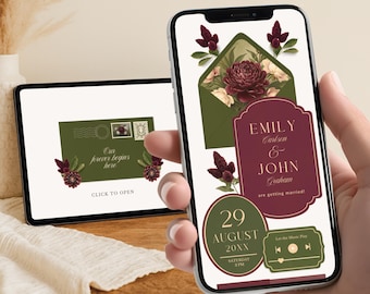 Site de casamento Merlot e Musgo com RSVP, convite de casamento digital verde-oliva e bordô, casamento vintage floral em tons de bordô e verde com tema de amoreira.
