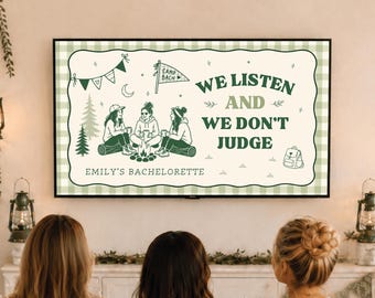 Jeu de camp Bachelorette que nous écoutons et que nous ne jugeons pas Jeu Camp Bach Modèle de toile de jeu Glamping Bachelorette Jeu à boire Camp sur le thème de Bach