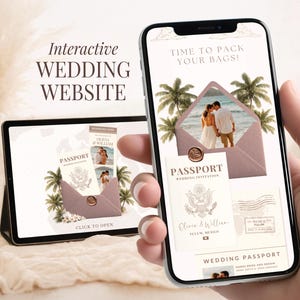 Könnte beinhalten: Ein Smartphone und ein Tablet zeigen eine interaktive Hochzeitswebsite. Die Website zeigt eine Einladung zur Hochzeit im Pass-Stil mit einem Foto eines Paares. Der Text enthält "Time to pack your bags!" und "Wedding Passport."