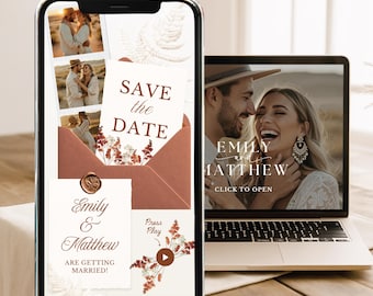 Modelo de site de casamento boho save the date, anúncio de casamento em terracota, convite de casamento rústico digital, cartão interativo de confirmação de presença (RSVP).