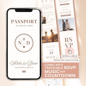 May include: A digital wedding invitation with a passport theme. The invitation features a countdown timer, RSVP button, and music player. The invitation is for Nikki and Dave, who are getting married on 29th August in Santorini, Greece.