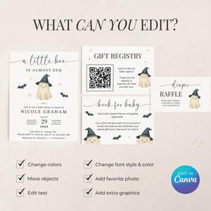 以下が含まれることがあります： ハロウィーンをテーマにしたベビーシャワーの文房具セット。「a little boo is almost due」と書かれた招待状には、お化けのイラストが描かれています。その他のカードには、ギフト登録、ベビーブック、おむつラッフルが含まれています。