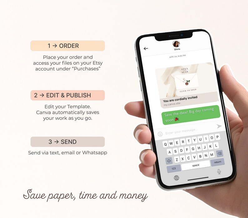 May include: A smartphone displays a wedding invitation template with the text "Save the date! Big day coming soon." Instructions are shown for ordering, editing, and sending the template via text, email, or WhatsApp. The image also includes the text "Save paper, time and money."