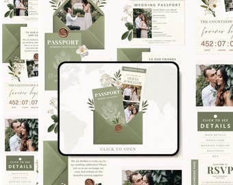 Site Web de mariage Passeport vert sauge avec modèle RSVP Faire-part de mariage de voyage à thème vert Passeport, site Web de destination modifiable sur toile