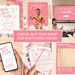 May include: A collection of pink bachelorette party decorations and games. Includes a sign, photo booth frame, phone screen, and printed games. The text includes "Girls Gone Mild" and "Emily's Bachelorette".