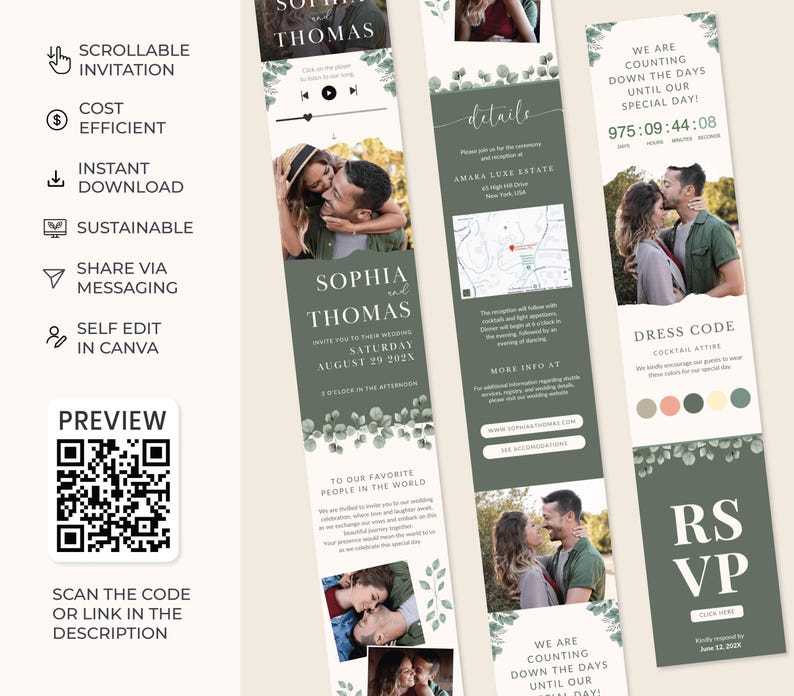 Invite Green Digital Minimal Greenery Detail Card Eucalyptus Invitation Canva