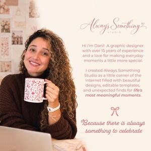 A woman with curly hair is smiling and holding a mug, sitting at a desk with a laptop in front of her. The background includes a collage of various images.