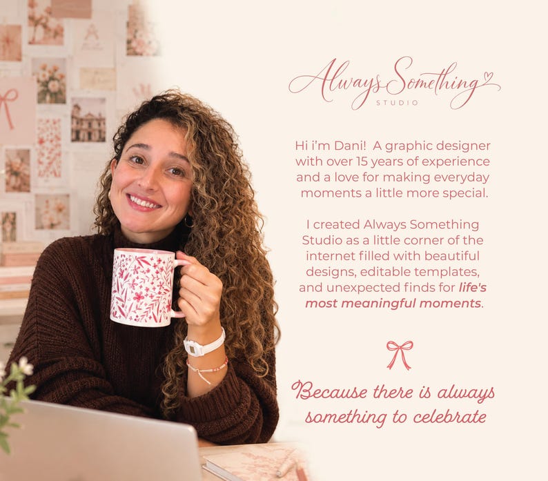 A woman with curly hair is smiling and holding a mug, sitting at a desk with a laptop in front of her. The background includes a collage of various images.