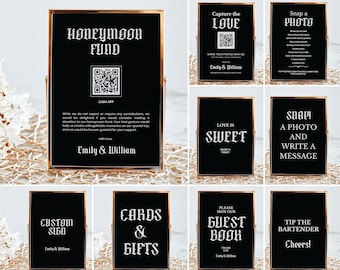 May include: A collection of black rectangular wedding signs with white text and rose gold metal frames. The signs feature various phrases including Honeymoon Fund with a QR code, Capture the Love, Snap a Photo, Love is Sweet, Cards & Gifts, Guest Book, and Tip the Bartender, all personalized with the names Emily & William.