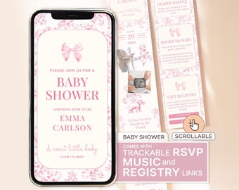 Puede incluir: Un teléfono inteligente muestra una invitación de baby shower rosa y blanca para Emma Carlson, con un lazo y flores. Al lado, una tarjeta digital vertical muestra detalles del evento, una rifa de pañales y lista de regalos.