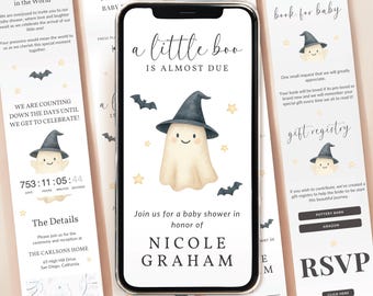 a Little Boo is Almost Due Uitnodiging babyshower RSVP Digitale Halloween-uitnodiging babyshower Leuke spookuitnodiging babyshower Halloween
