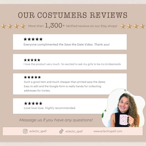 May include: A beige graphic with customer reviews, star ratings, and the text "Our Costumers Reviews." The reviews mention Save the Date videos and bridesmaid invitations. The image also includes the shop's Instagram and TikTok handles, and website.
