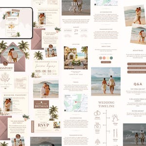 May include: A wedding invitation suite with a passport theme. The design includes passport-style cards, RSVP cards, and details cards. The color scheme is soft, with shades of beige, pink, and green. The suite features photos of a couple on a beach.