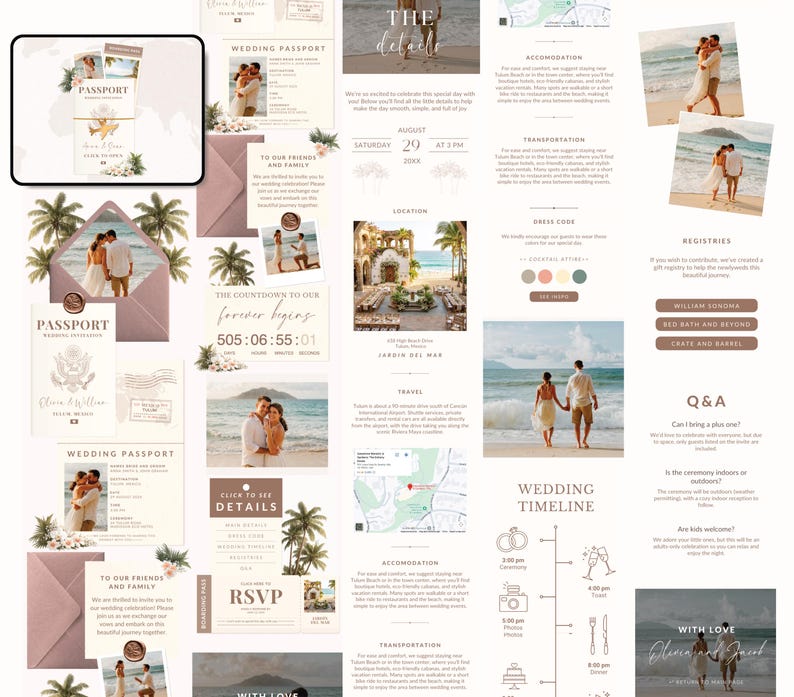 May include: A wedding invitation suite with a passport theme. The design includes passport-style cards, RSVP cards, and details cards. The color scheme is soft, with shades of beige, pink, and green. The suite features photos of a couple on a beach.