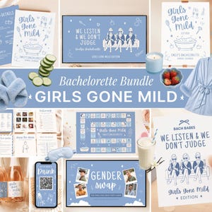 Peut inclure: Ensemble de fournitures de fête d'enterrement de vie de jeune fille bleu clair, comprenant des invitations, des jeux, un peignoir, des pantoufles et une pancarte avec le texte "Girls Gone Mild". Le thème est cohérent.